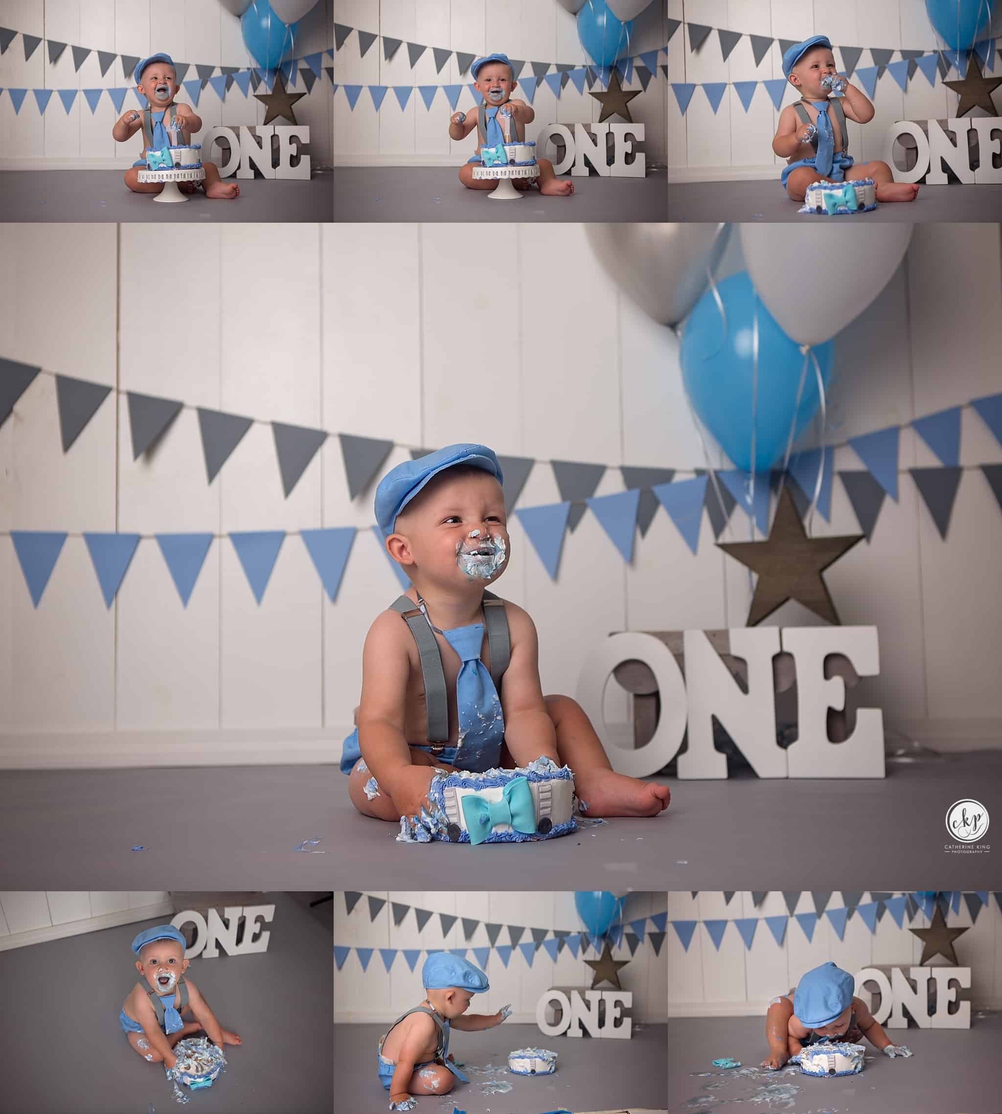 1 year birthday cake smash photography session with Brody