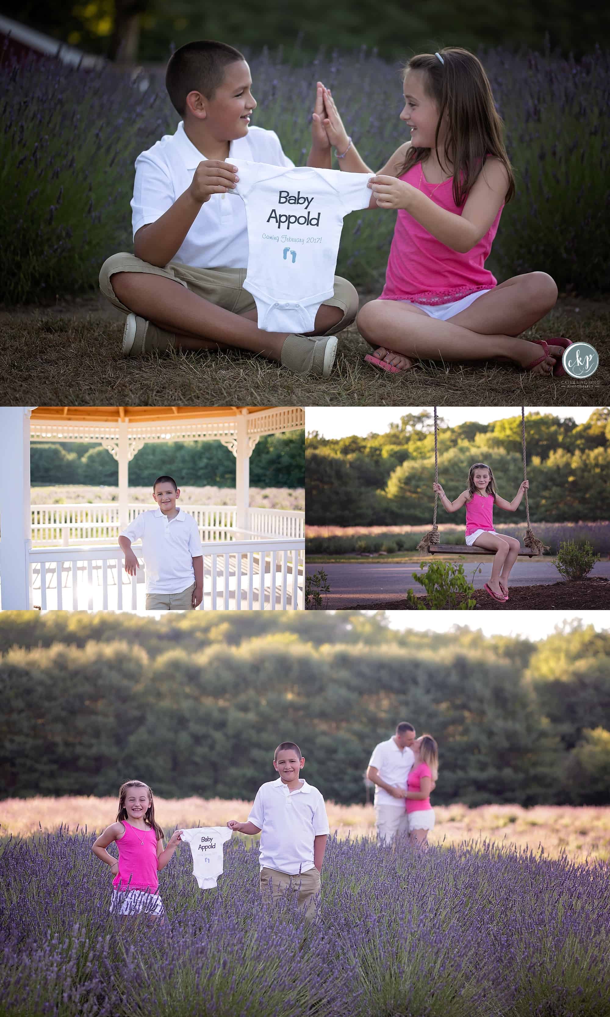 a beautiful summer evening photography sessions at lavender pond farm with a family of 4 expecting a baby with ct family photographer catherine king photographer