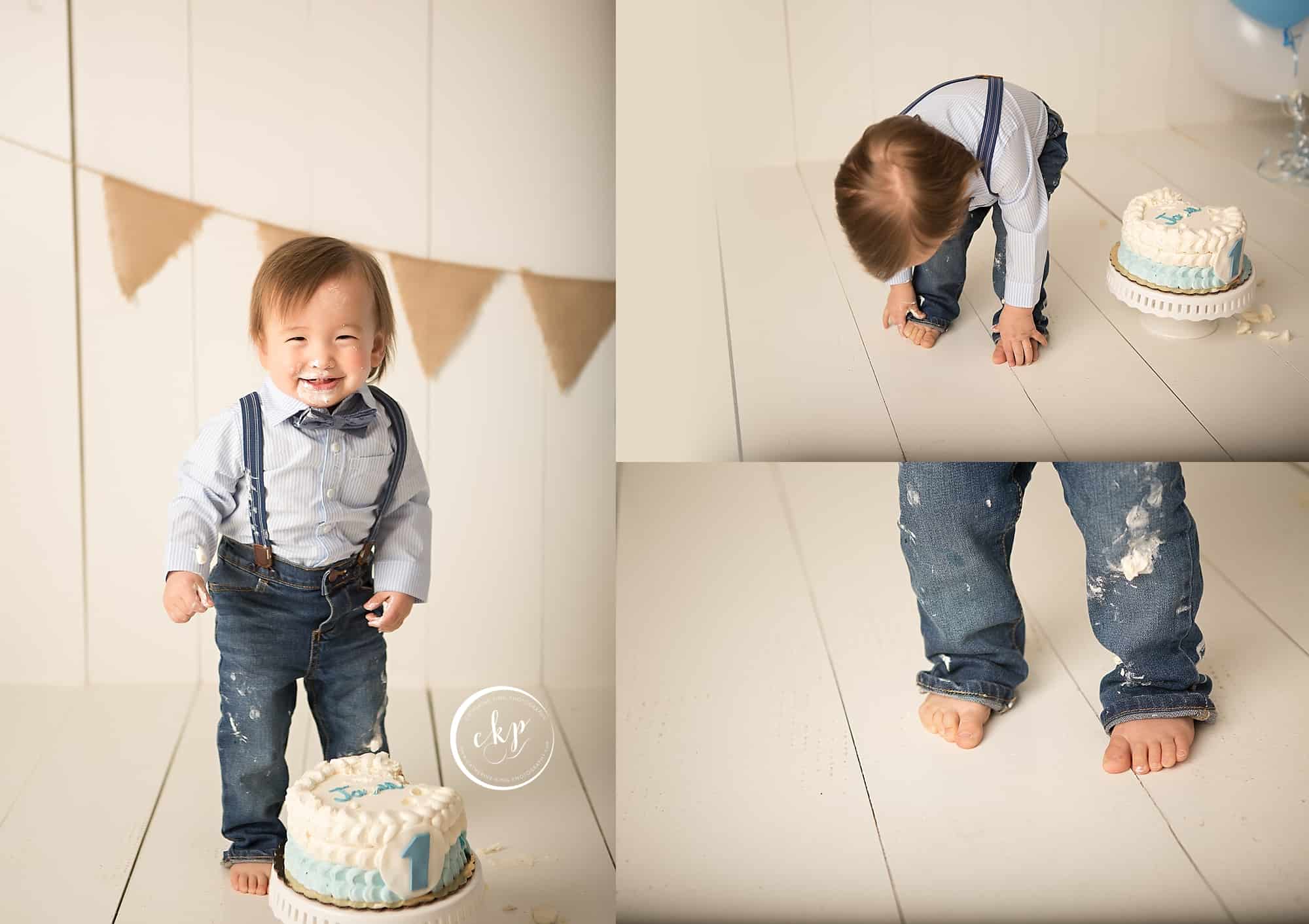 professional baby smashcake photography with 1 year old James