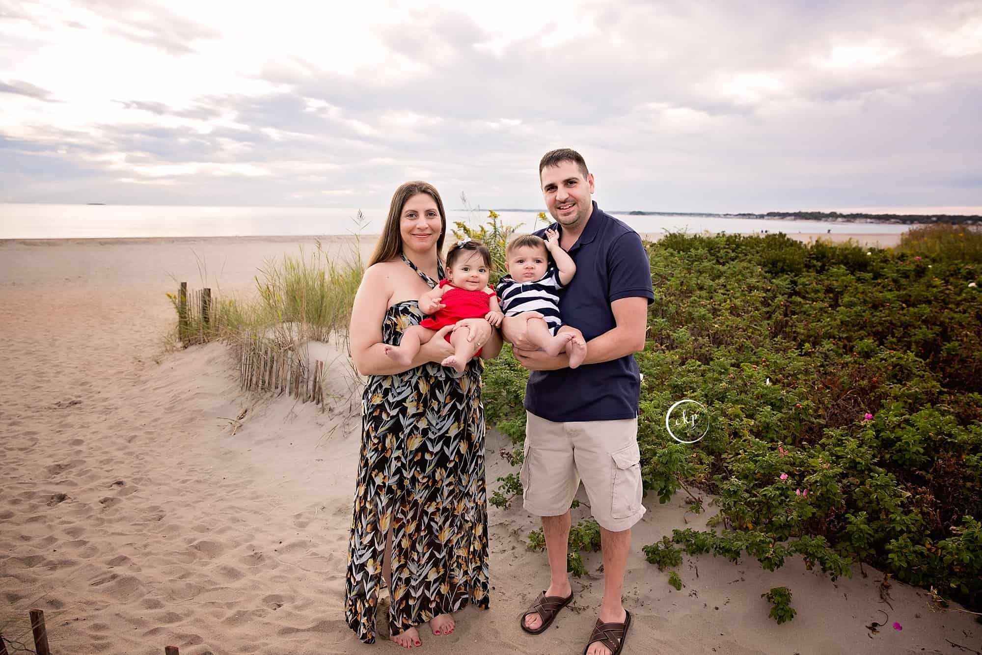 6 month milestone photography with twins on the beach in Madison CT