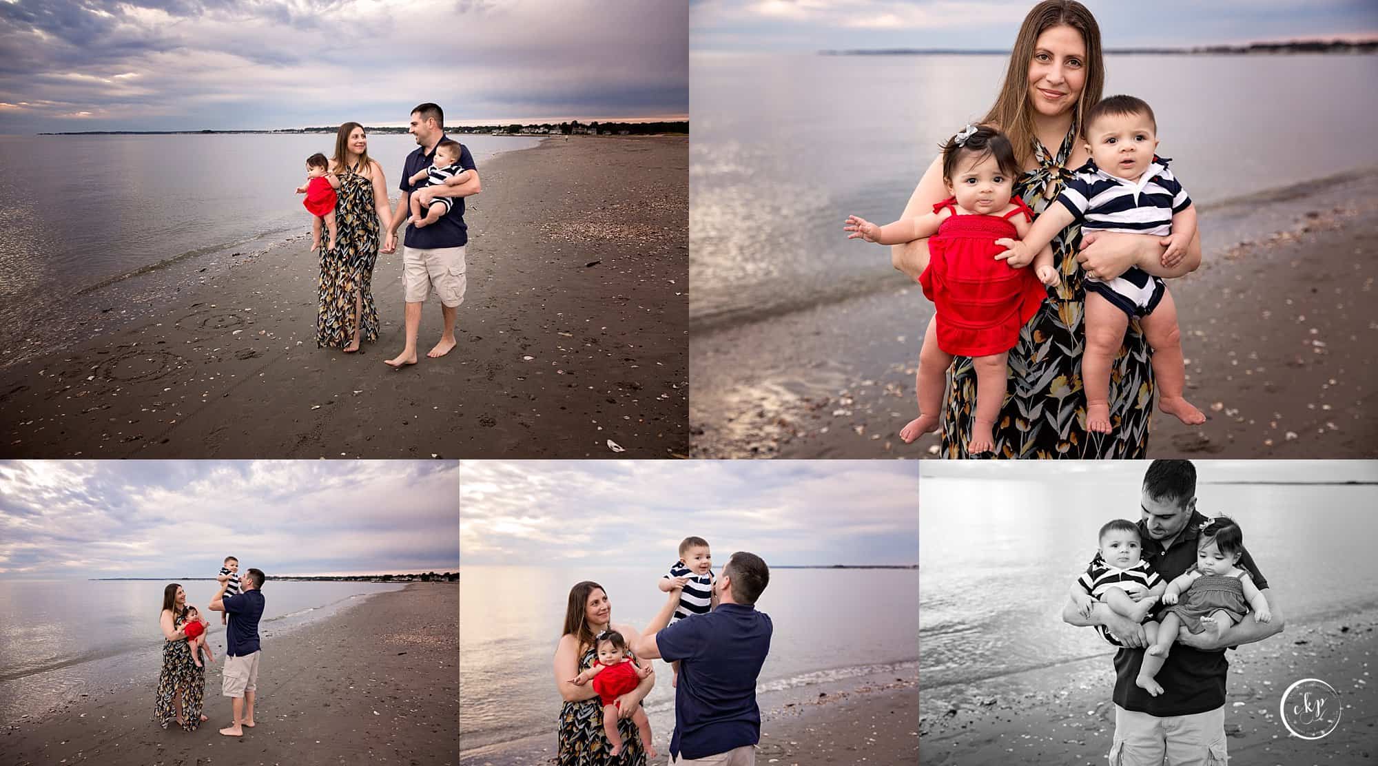 6 month milestone photography with twins on the beach in Madison CT