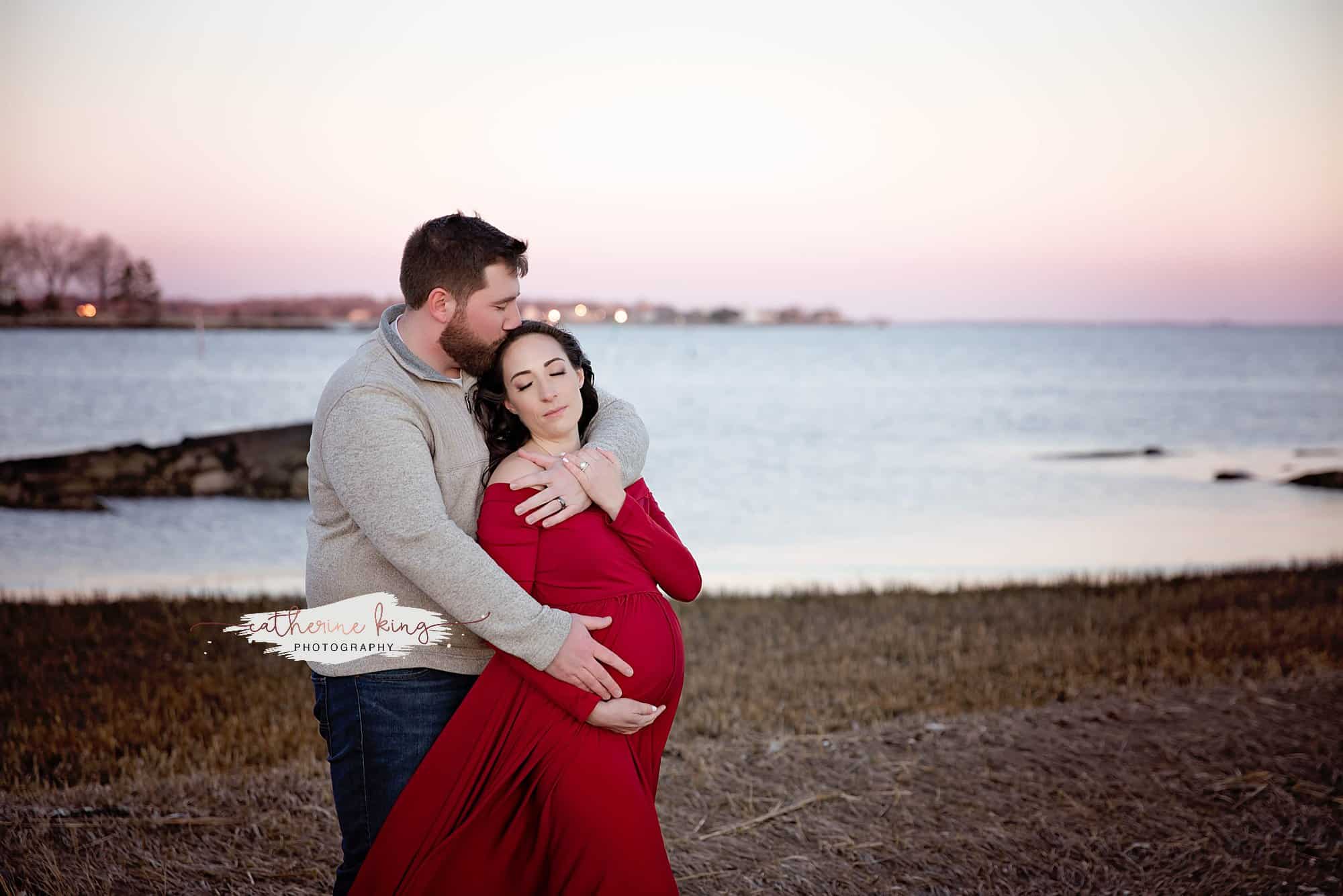 Winter Beach Sunset Maternity photoshoot in Guilford CT