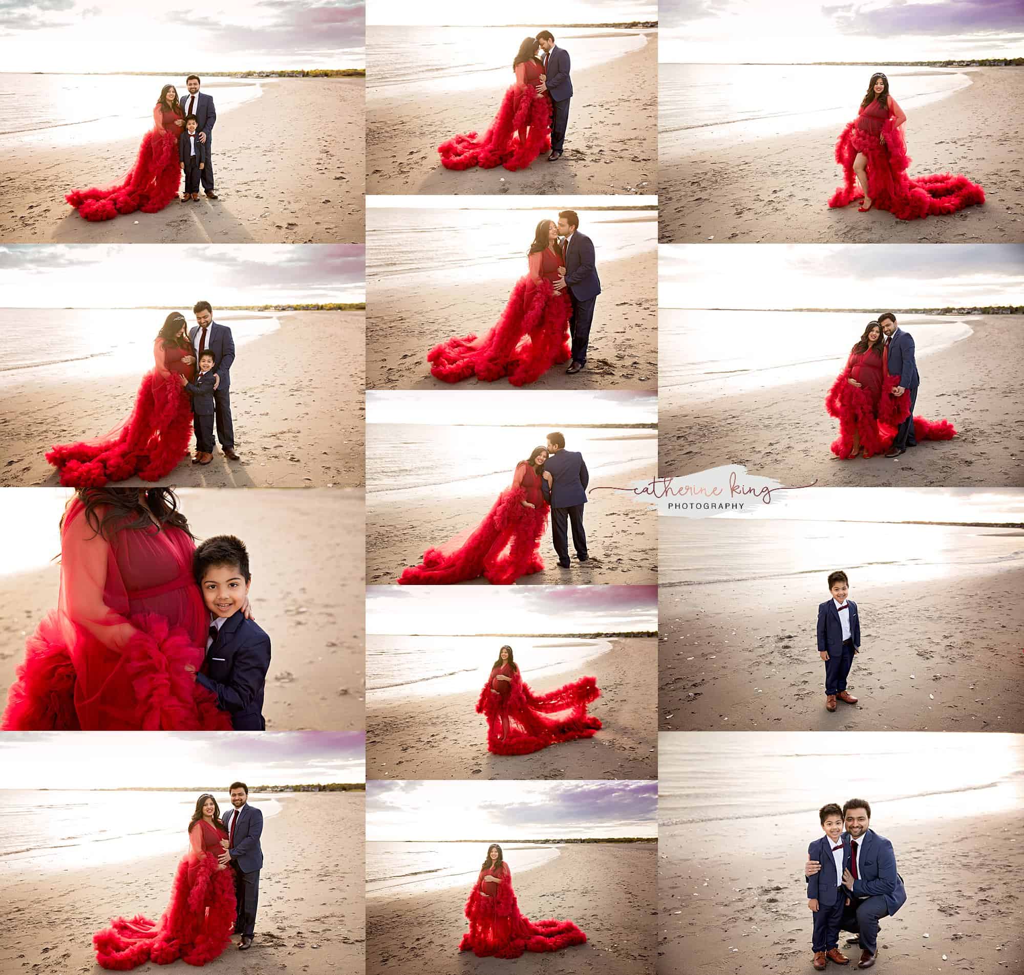 Stunning expecting mama in a red dress on the beach