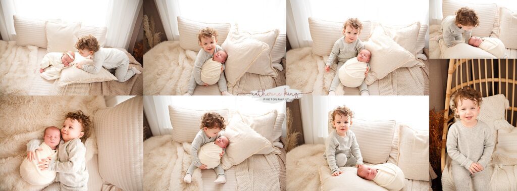 siblings interacting with newborn baby during lifestyle photo session in ct