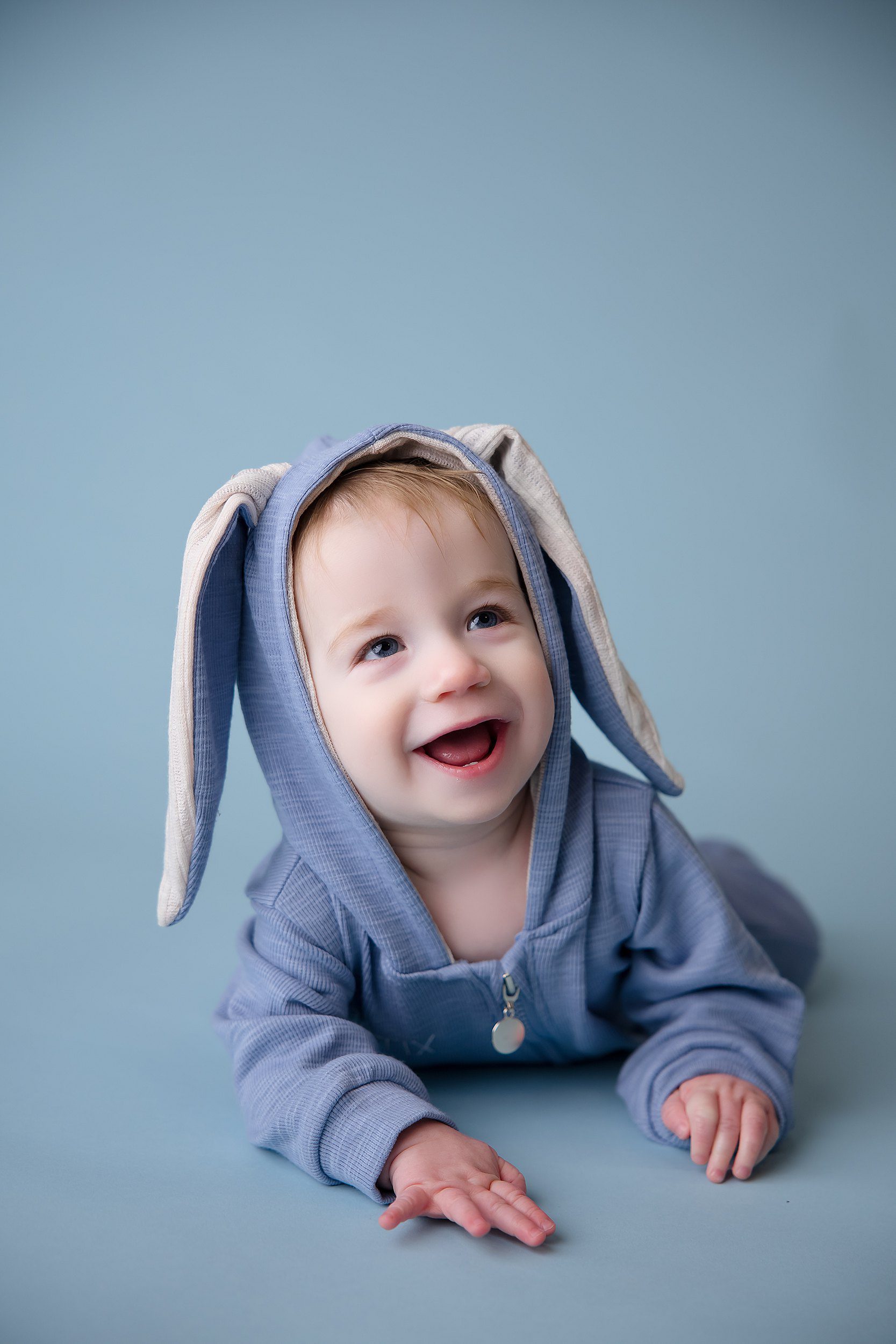 ct baby milestone photographer sitter session with bunny suit