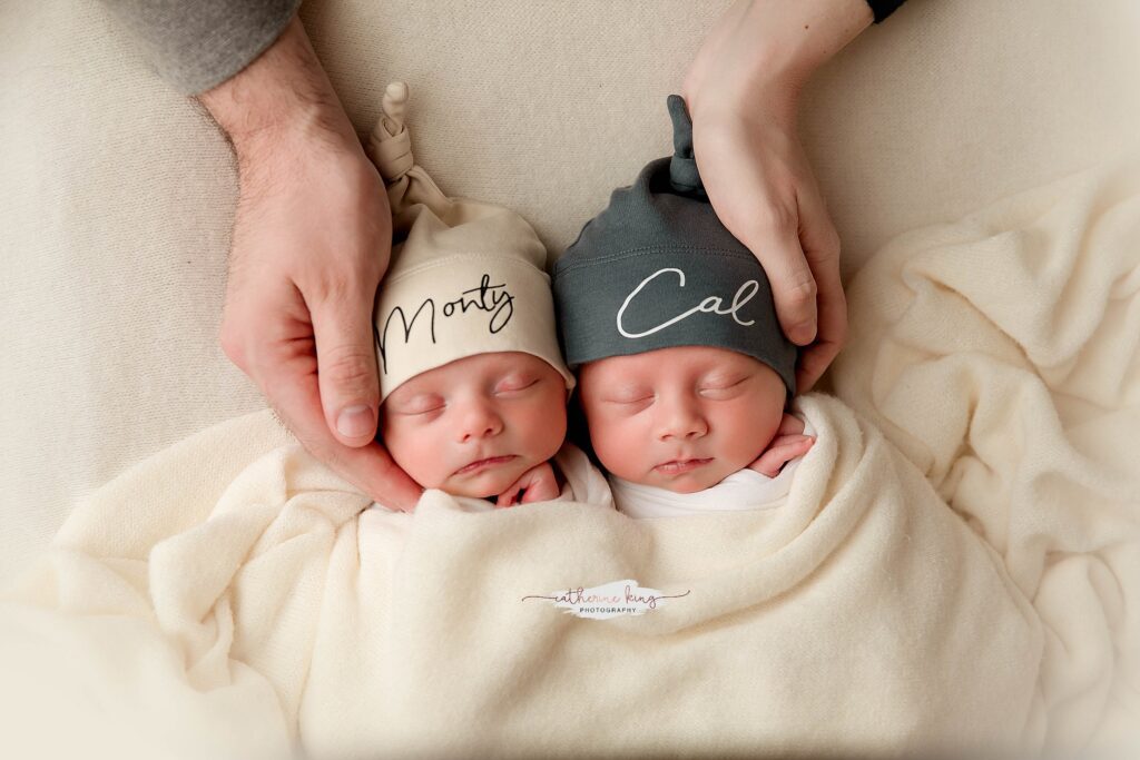 Twin newborn session in Madison CT — we always have an assistant on hand to keep both babies safe and comfortable.